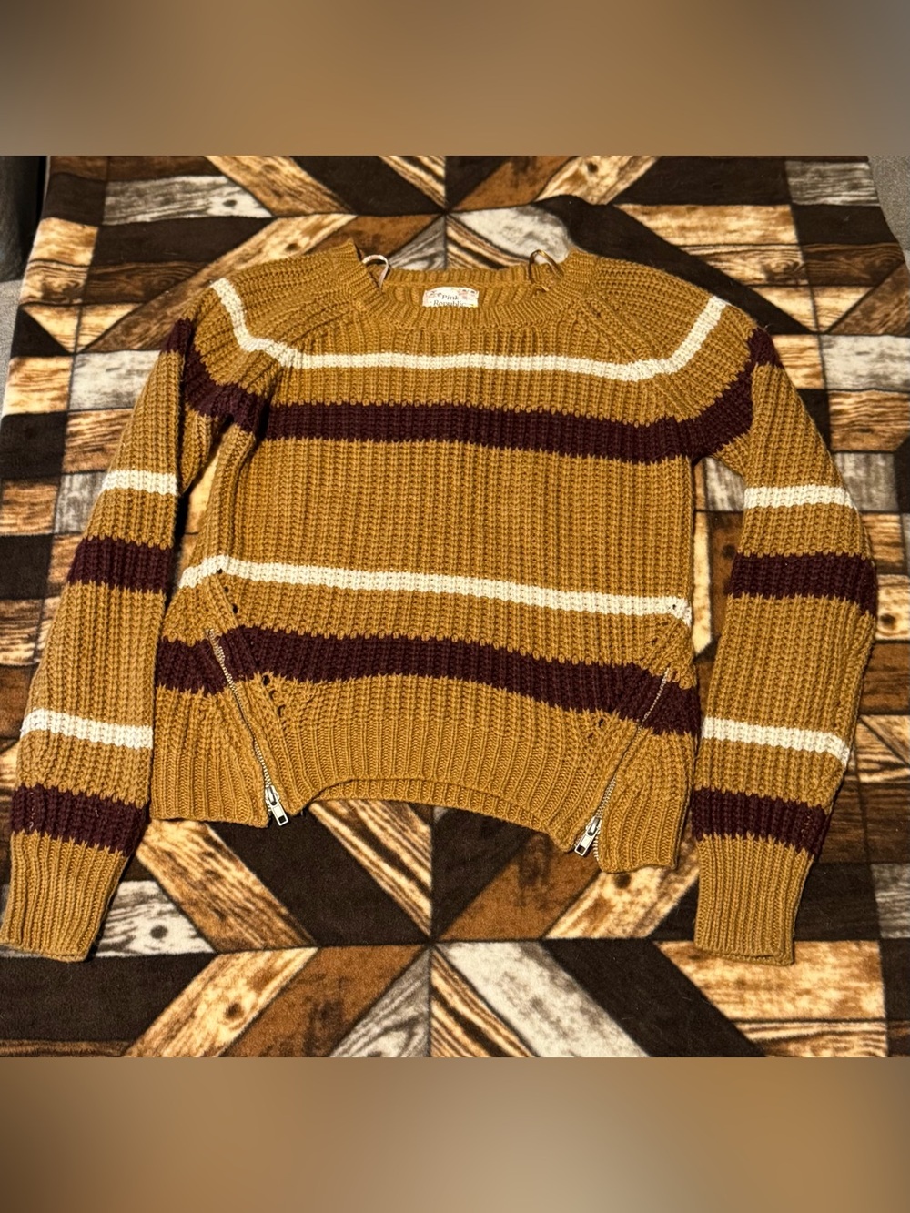 Pink Republic Mustard, Burgundy & Cream Striped Crewneck Sweater